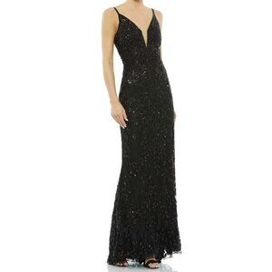 Mac Duggal Black Size 14 Sequins Beaded Sleeveless Back Train Leaf Dress NWT